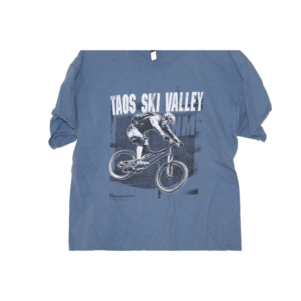 Gildan Taos Ski Valley T-Shirt Men Large Blue Good Graphic MTB Cyclist Tee